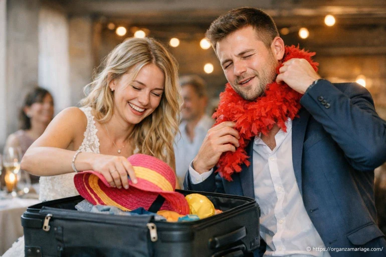 Couple souriant avec accessoires de fête