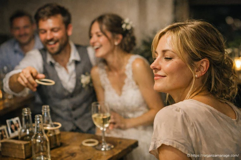Invités joyeux jouant lors d un mariage