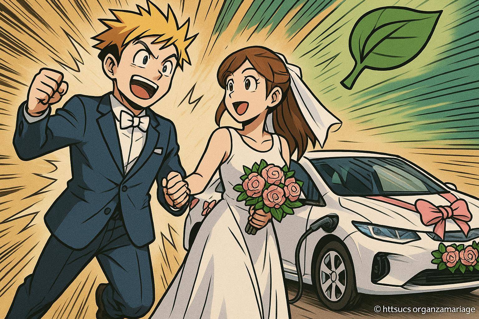 mariage couple voiture électrique décorée