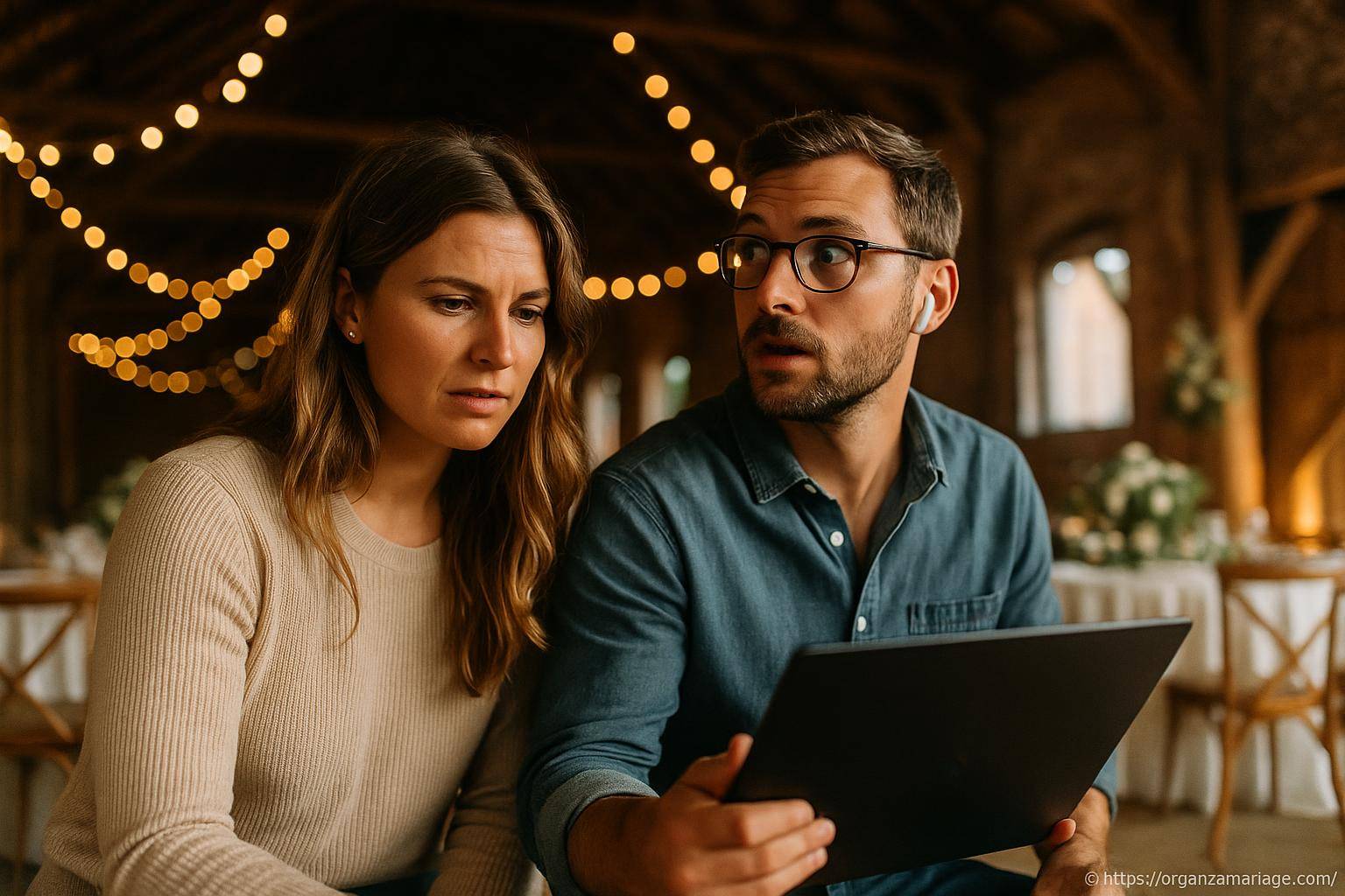 Couple concentré consultant un ordinateur portable