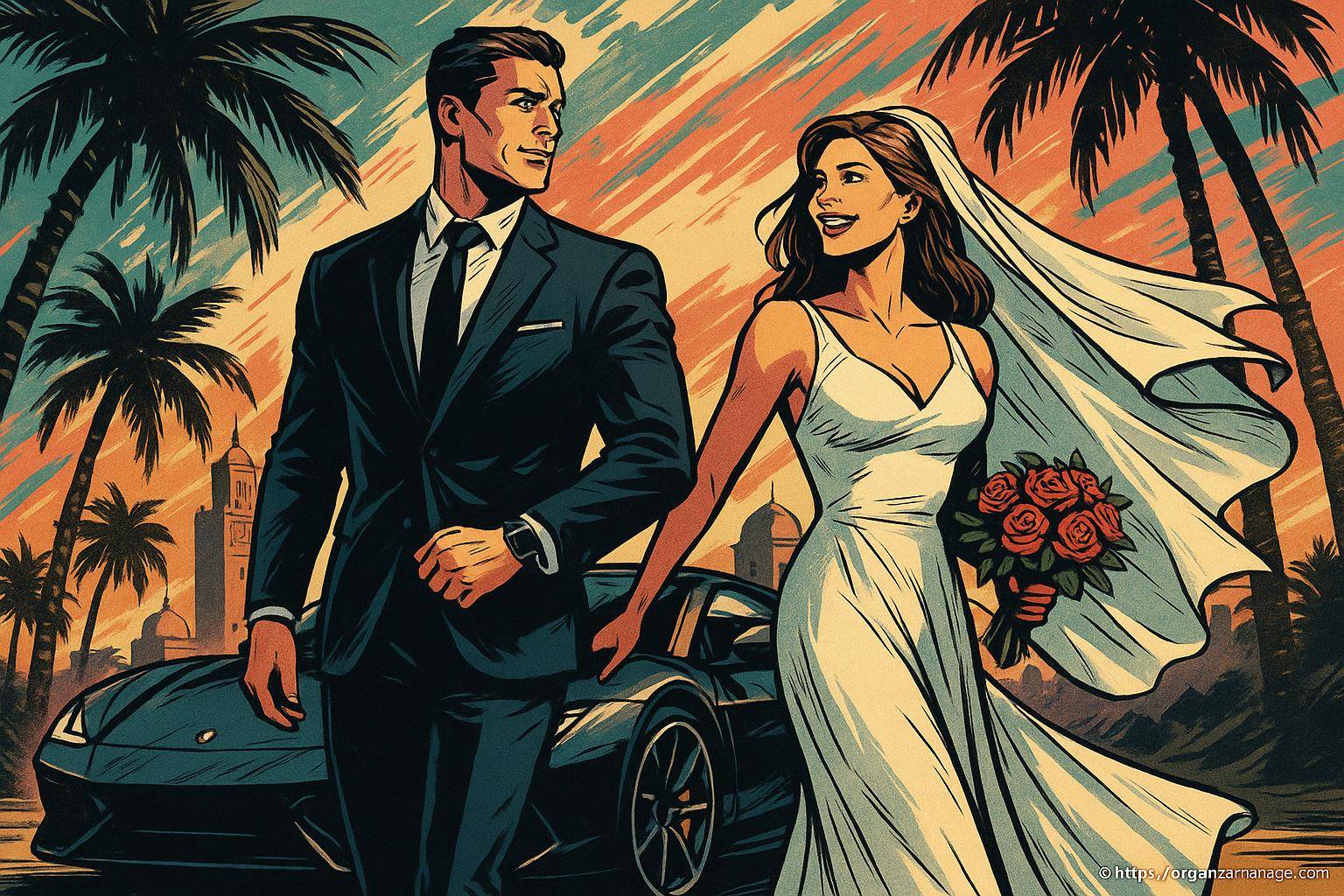 couple marié élégant devant voiture de luxe