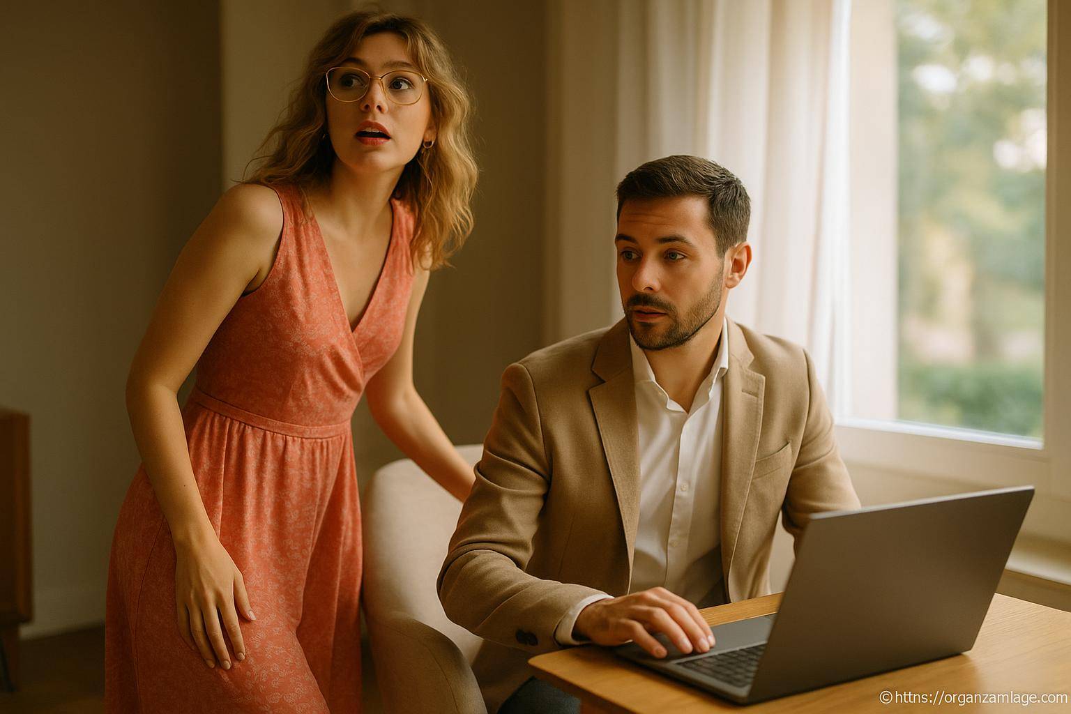 femme surprise homme travaillant ordinateur