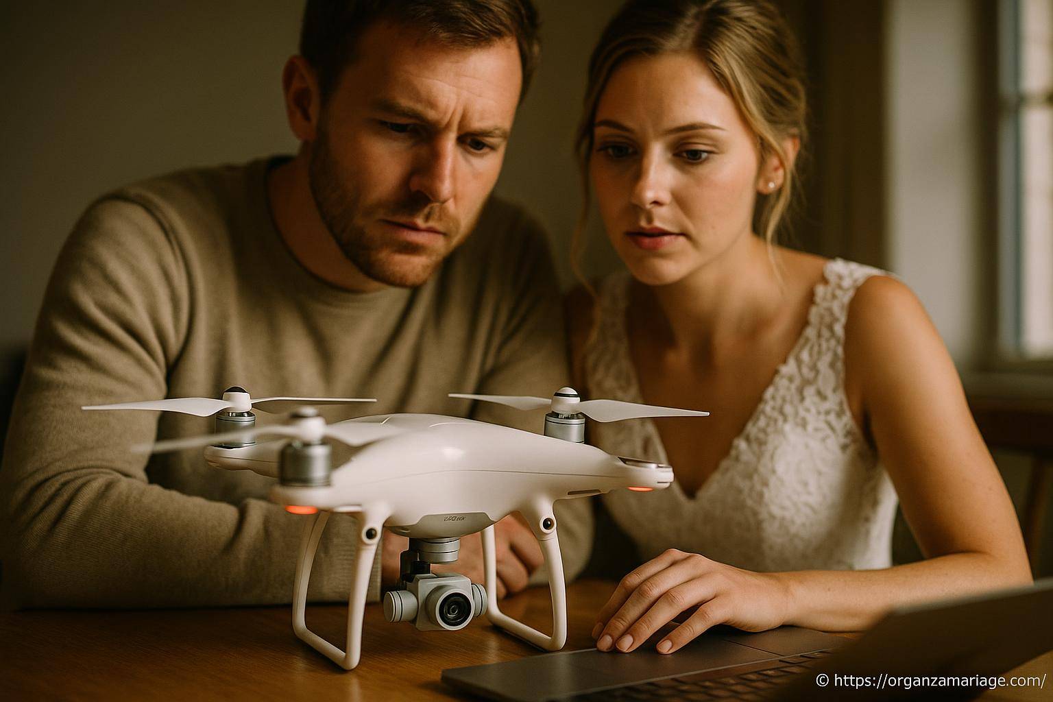 couple examinant un drone blanc