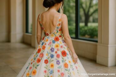 Robe de mariée avec appliqué floral coloré pour un mariage à Houston