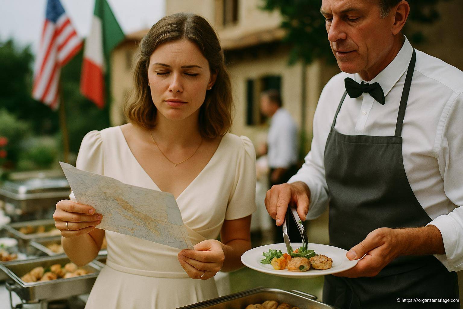 femme lisant une carte en buffet en plein air