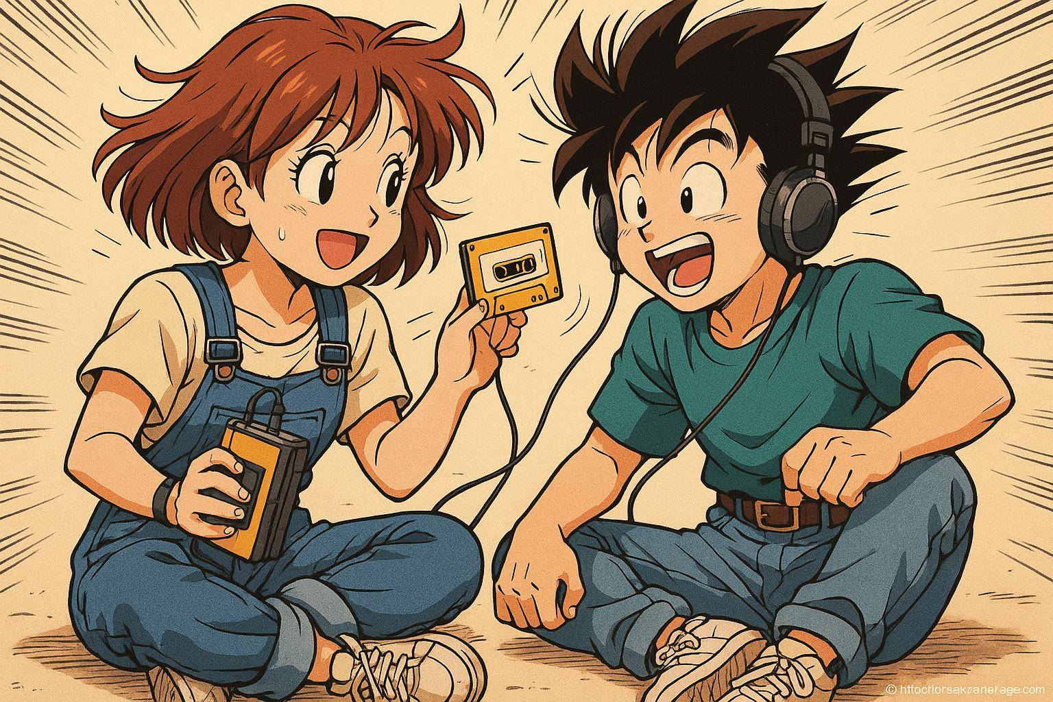 Enfants écoutant musique cassette vintage