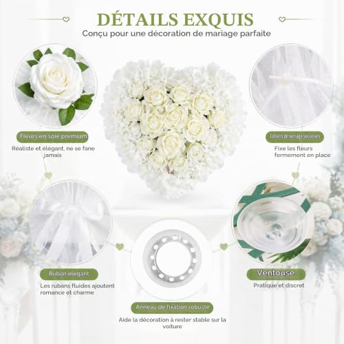 Shuqio Décoration Voiture Mariage Blanc, Fleurs Artificielle