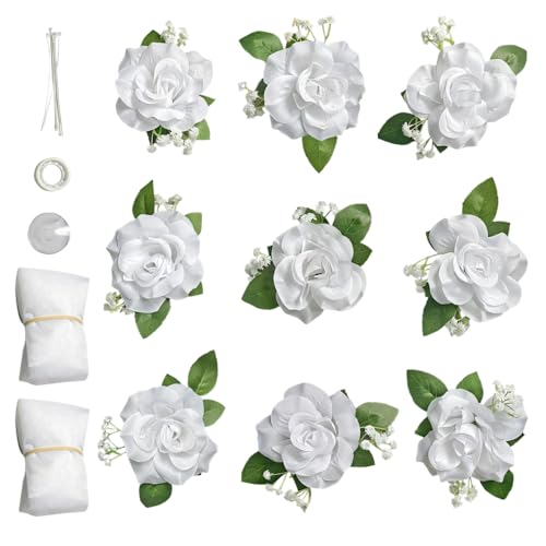 DONGKER 9 Roses Blanches Artificielles a Ventouses,2 Rubans 