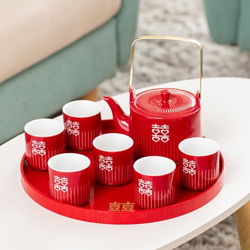 Service à thé de mariage chinois en céramique rouge traditionnel double bonheur, 1 théière, 1 plateau pour fête prénuptiale, jeunes mariés, décoration élégante de cadeau de mariage