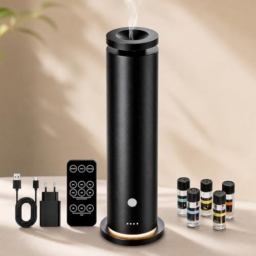 Diffuseur d'Huiles Essentielles sans Eau, Starter Kit 5 Huiles, Diffuseur Parfum Maison 150 m², 6 Niveaux, Télécommande, Minuterie, 20 DB, Noir