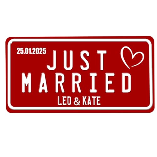 Plaque d'immatriculation pour jeunes mariés - Personnalisable - Plaque de mariage pour voiture - Décoration de mariage vintage - Cadeau de mariage ou d'anniversaire avec nom, date et couleur - Plaque
