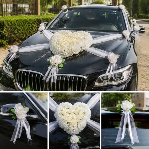 Shuqio Décoration Voiture Mariage Blanc, Fleurs Artificielle